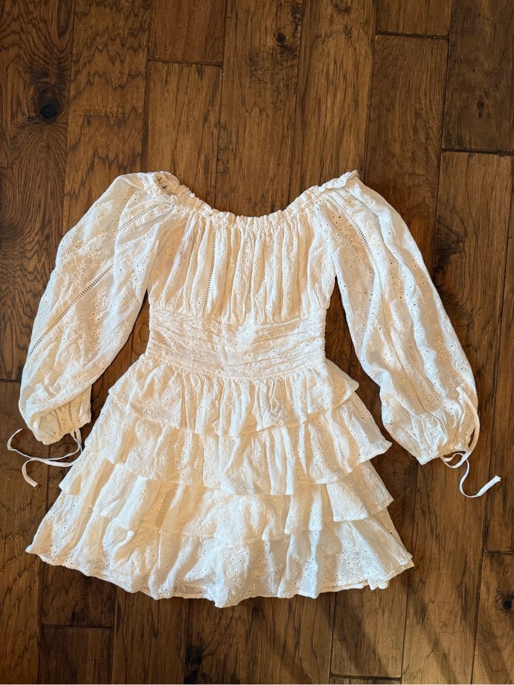Tularosa White Eyelet Ruffle Dress with Puff Sleeves